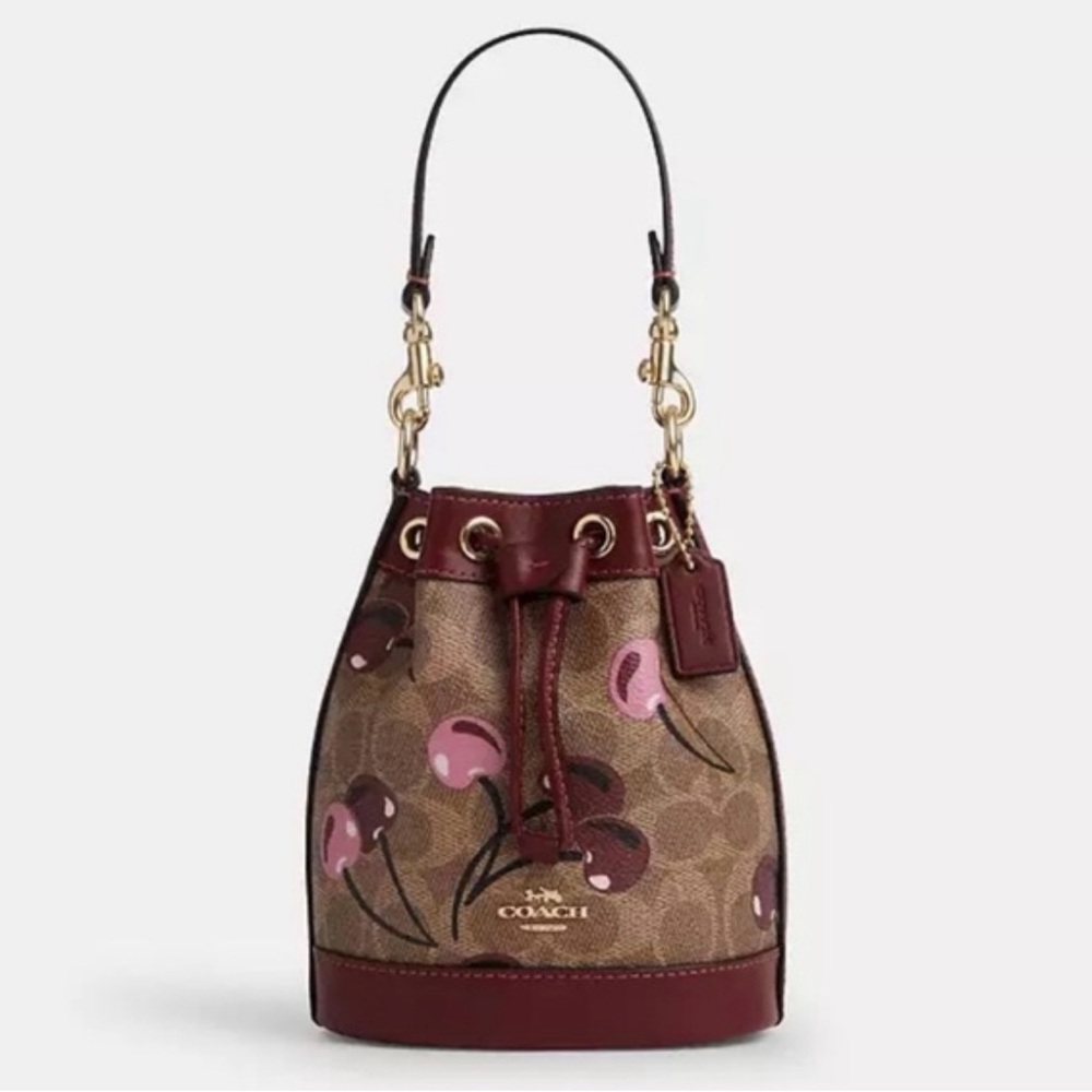 NWT Coach Mini Bucket Bag In Signature Canvas With Cherry Print Tan Red CY738